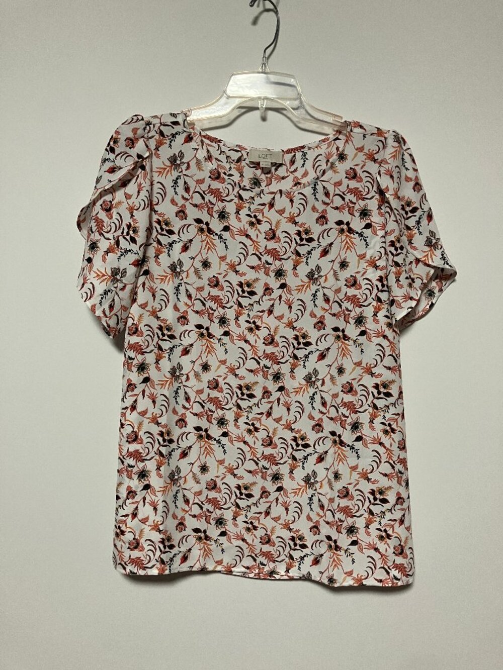 LOFT Floral Flutter Sleeve Blouse Terracotta Orange Cream Top, Size Medium